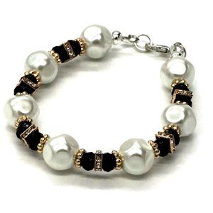 Bracelet Pearls Rhinestones Black Gold Beads Silver Lobster Clasp